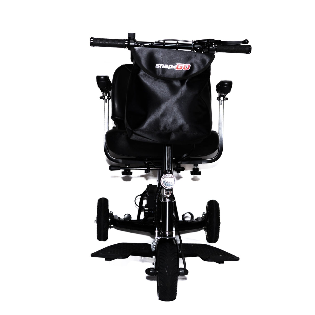 Front view of SNAPnGO folding electric mobility scooter with storage pouch