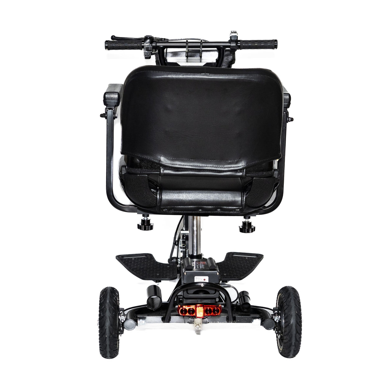 Back of SNAPnGO electric mobility scooter with padded seat and handlebar