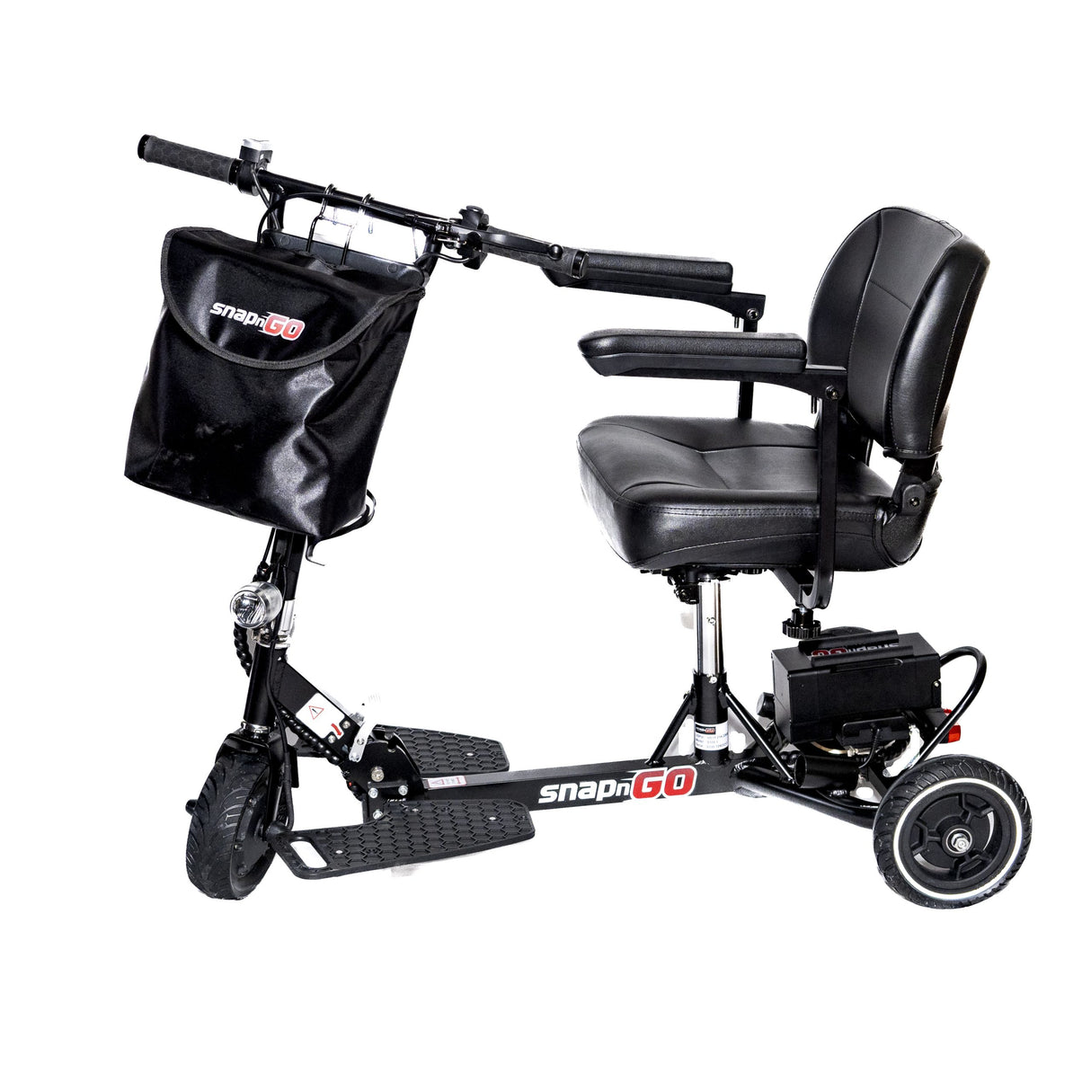 SNAPnGO Folding Mobility Scooter with padded seat, battery, and armrests – side view