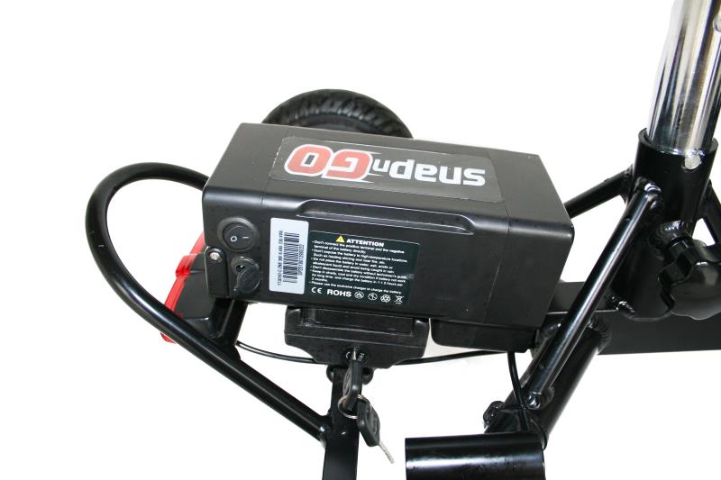 SNAPnGO electric scooter battery pack with charging port and safety label