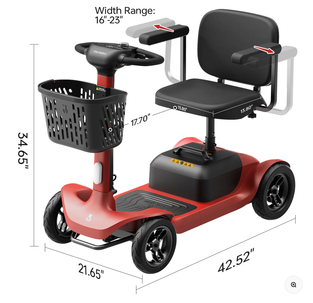 Paiseec S1 4-Wheel Mobility Scooter – 25 Mile Range, 6 MPH, Smart Safety System