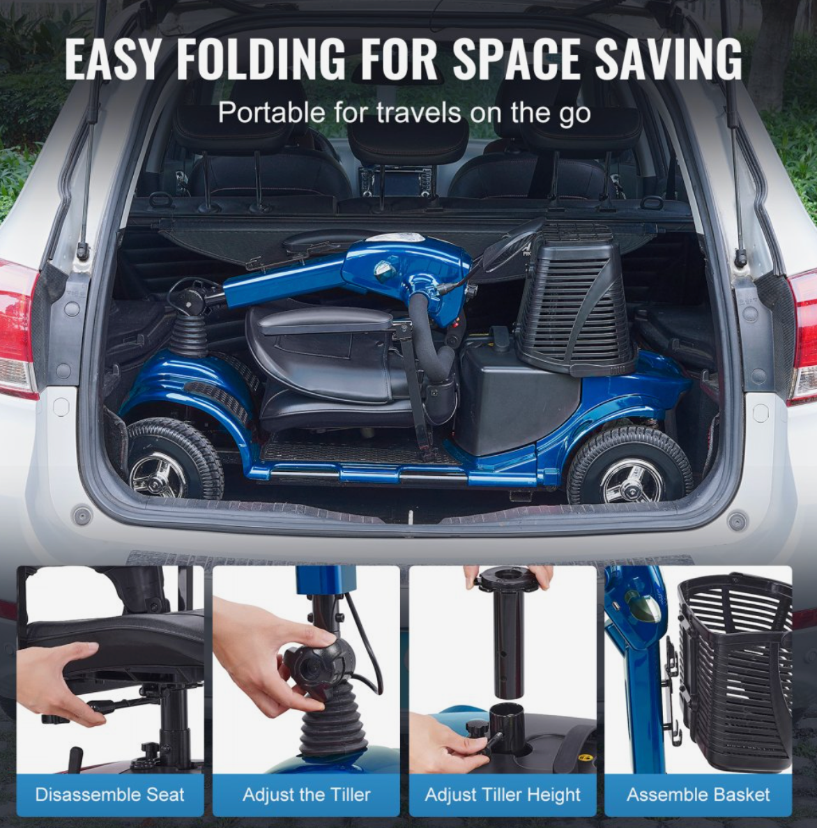 VEVOR Heavy-Duty 4-Wheel Folding Mobility Scooter for Adults & Seniors – Long Range, All-Terrain, 265lb Capacity