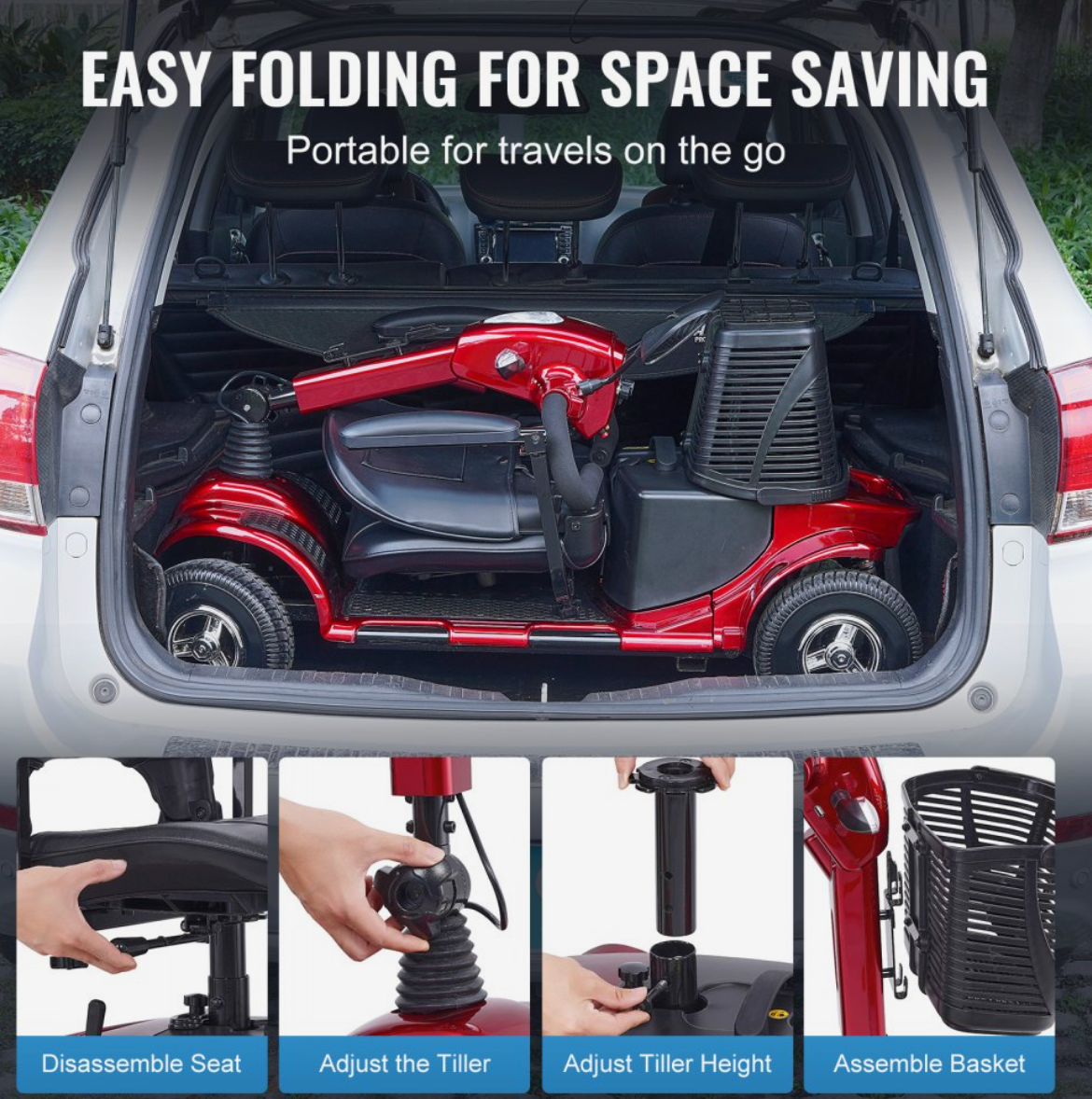 VEVOR Heavy-Duty 4-Wheel Folding Mobility Scooter – Long Range, All-Terrain, 265 lbs Capacity