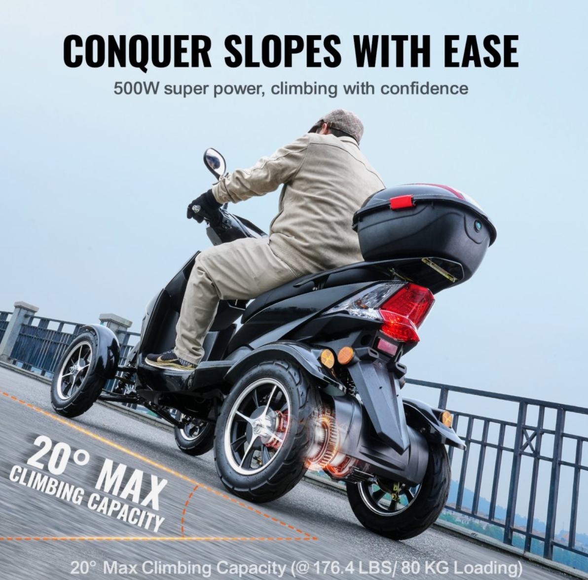 VEVOR Heavy-Duty 4-Wheel Mobility Scooter – 500W Motor, 40-Mile Range, 450 lbs Capacity, All-Terrain Design