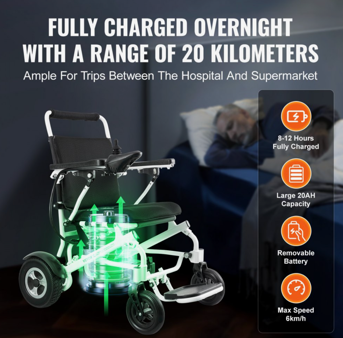 VEVOR Foldable Electric Wheelchair – Lightweight Aluminum Frame, 12.5 Mile Range, 300 lbs Capacity, All-Terrain Tires