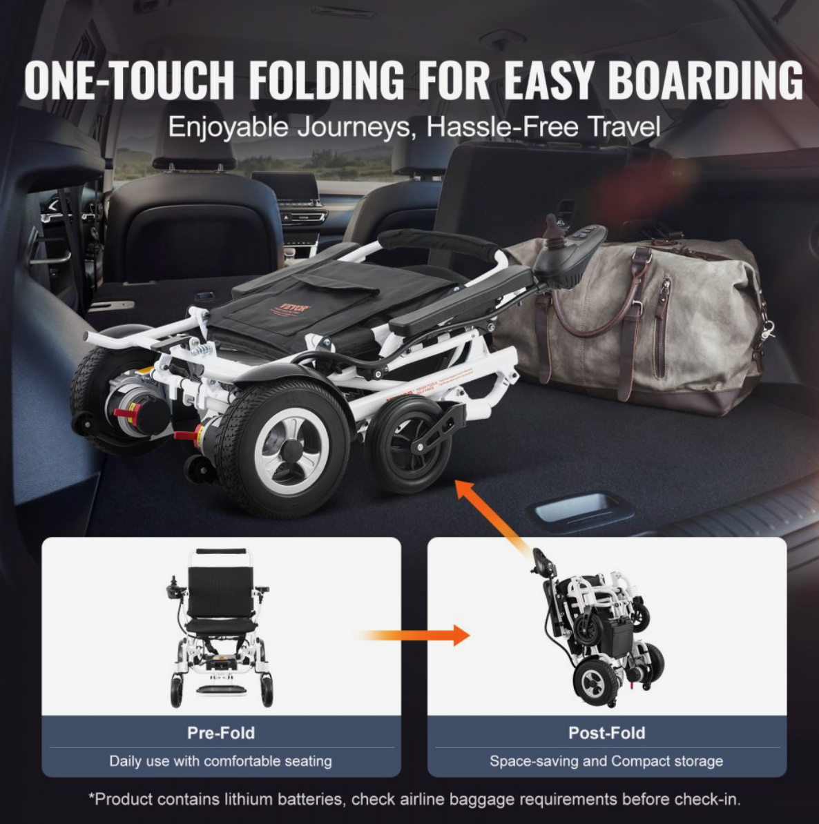 VEVOR Foldable Electric Wheelchair – Lightweight Aluminum Frame, 12.5 Mile Range, 300 lbs Capacity, All-Terrain Tires