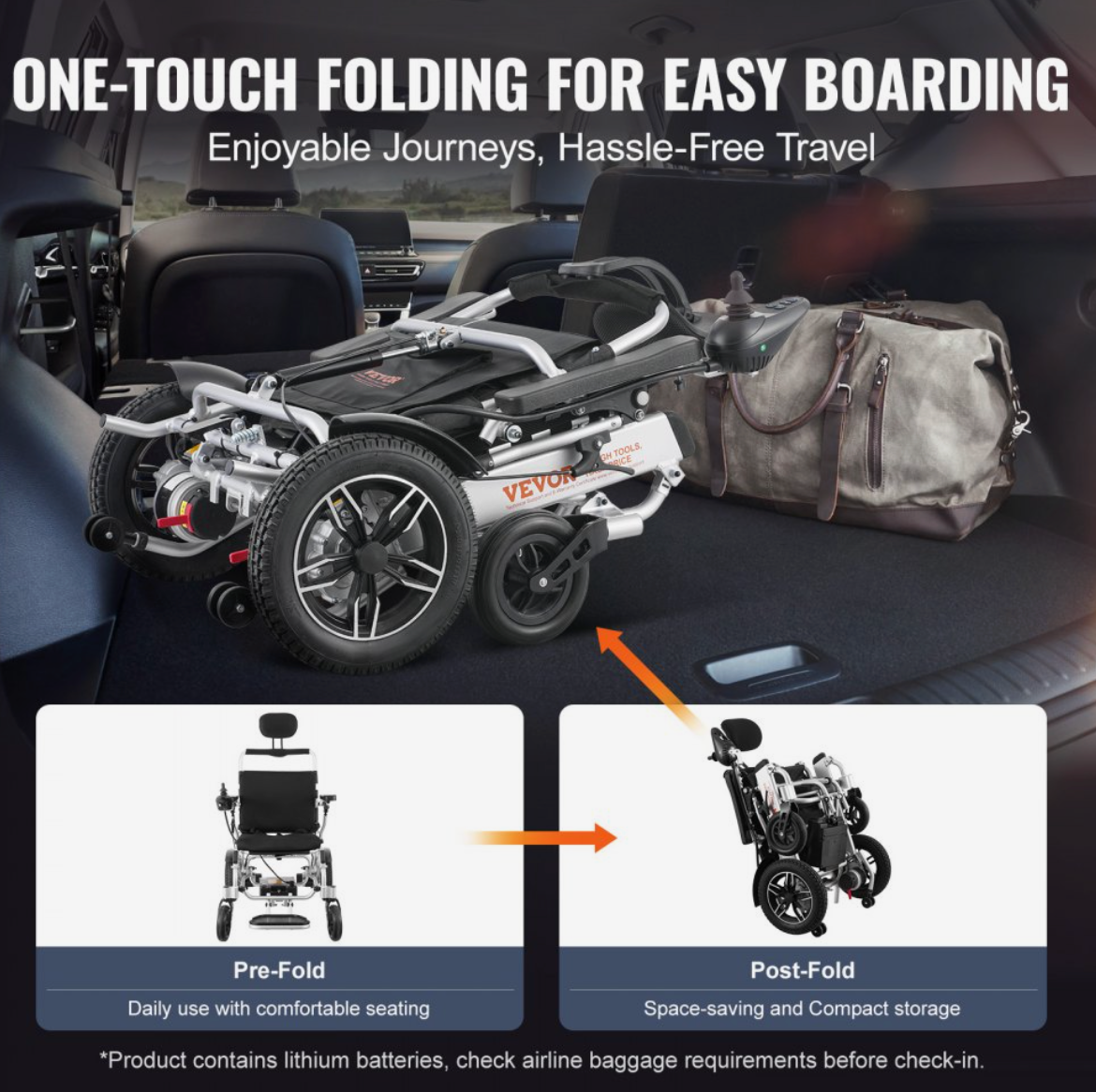 VEVOR Foldable Electric Wheelchair – Lightweight Aluminum Frame, 300 lbs Capacity, 12.5 Mile Range, Adjustable Backrest, All-Terrain Tires