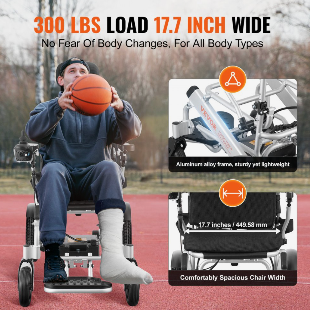 VEVOR Foldable Electric Wheelchair – Lightweight Aluminum Frame, 17.7” Seat Width, 300 lbs Capacity, 12.5 Mile Range, Adjustable Backrest, All-Terrain Solid Tires