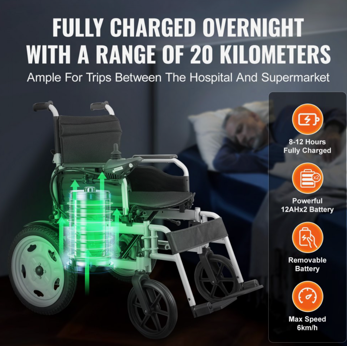 VEVOR Foldable Electric Wheelchair – 17.5" Seat Width, 265 lbs Capacity, 12.5 Mile Range, Adjustable Backrest, All-Terrain Tires