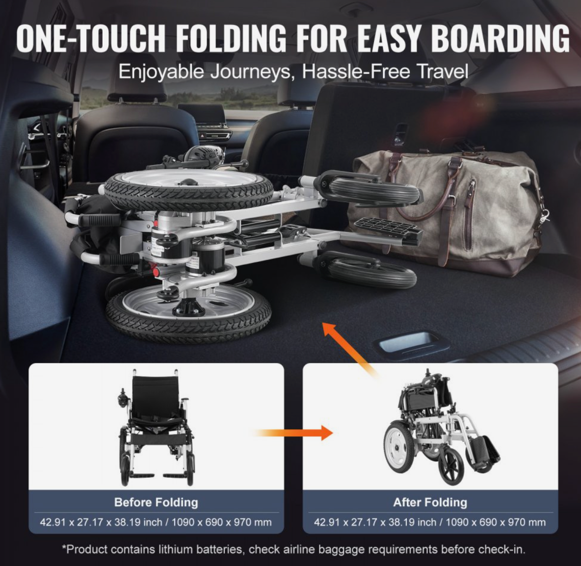 VEVOR Foldable Electric Wheelchair – 17.5" Seat Width, 265 lbs Capacity, 12.5 Mile Range, Adjustable Backrest, All-Terrain Tires