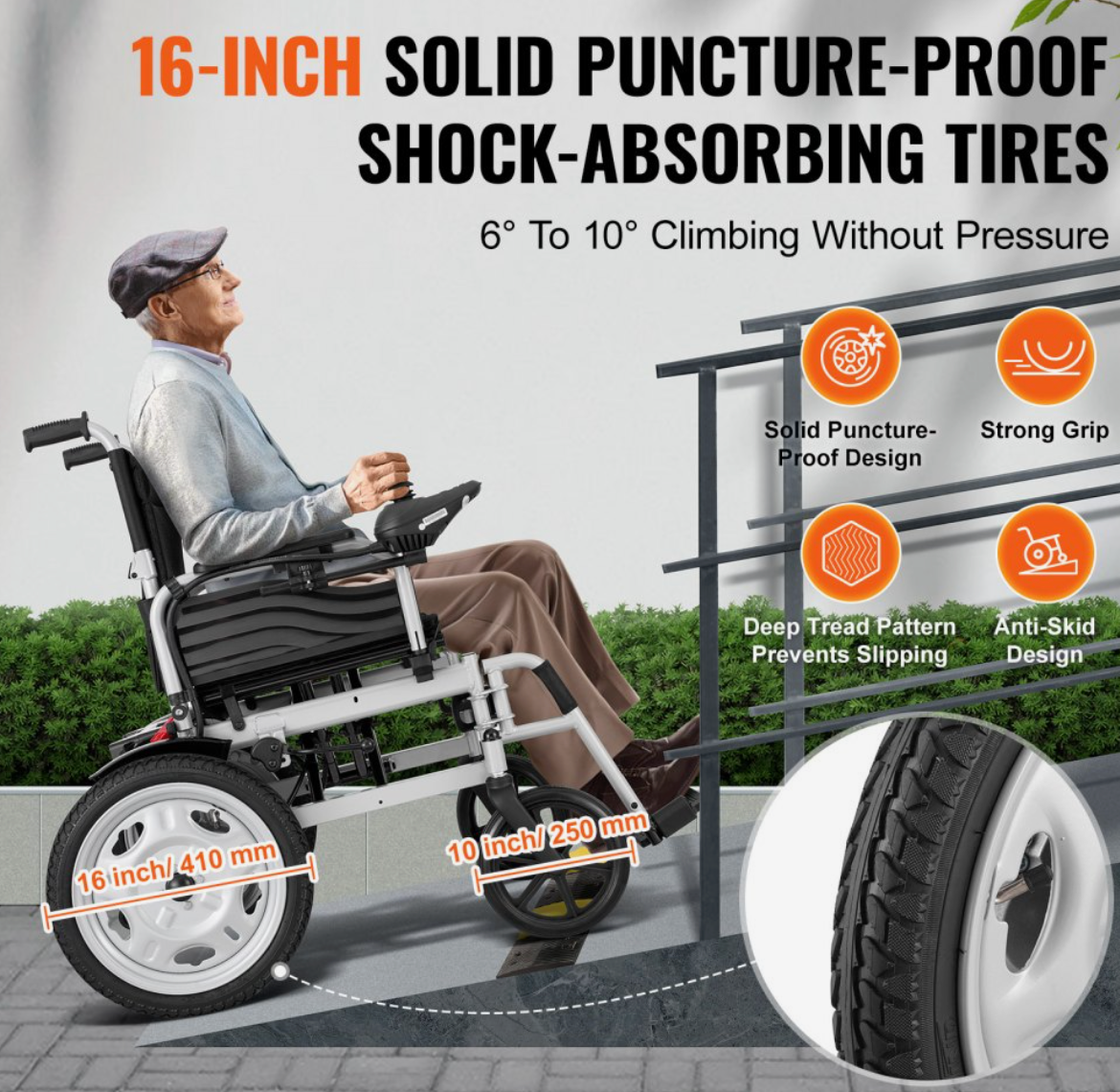 VEVOR Foldable Electric Wheelchair – 17.5" Seat Width, 265 lbs Capacity, 12.5 Mile Range, Adjustable Backrest, All-Terrain Tires