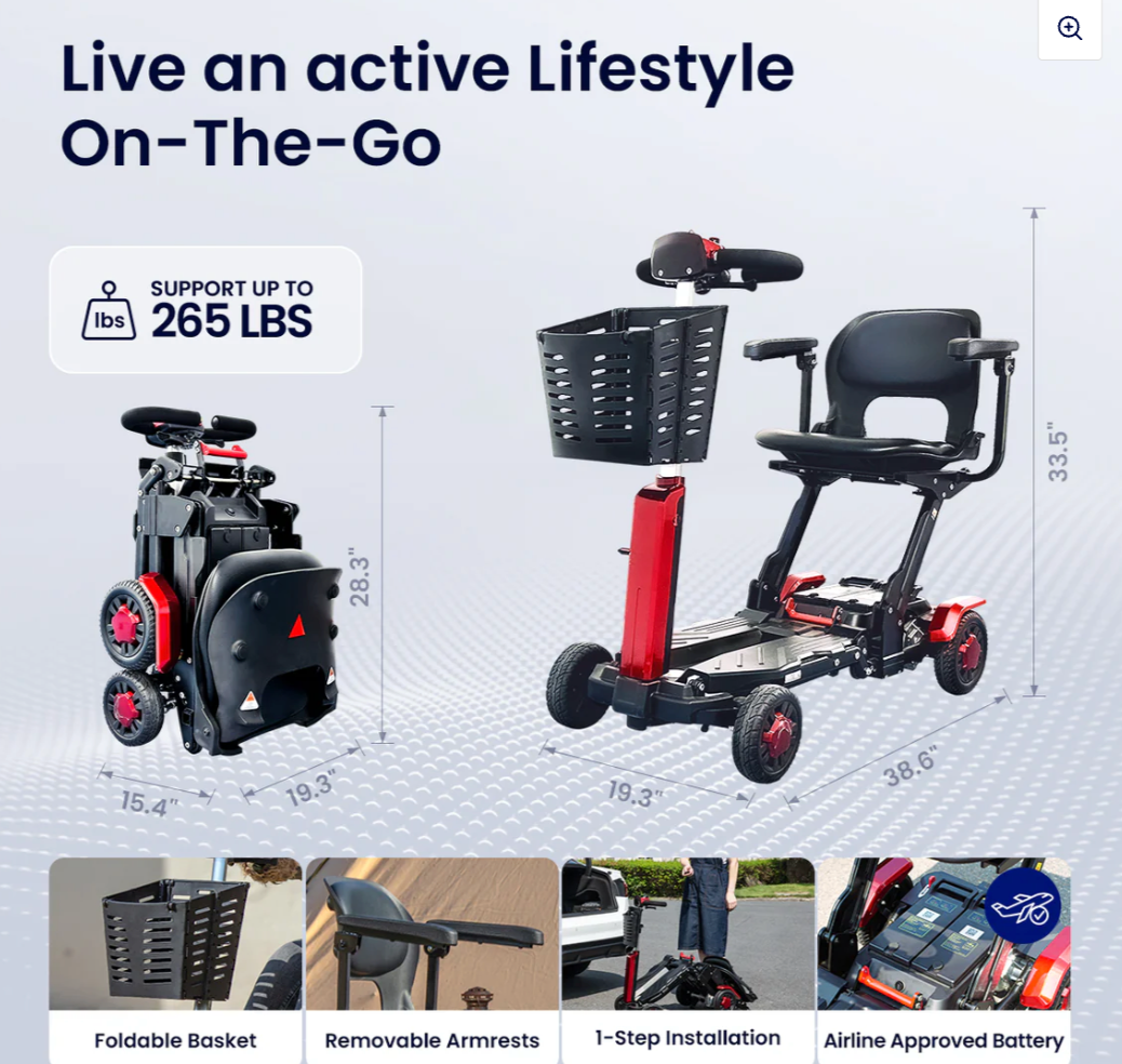VOCIC D91 Foldable Mobility Scooter for Seniors – Remote Control, Airline-Approved, 4-Wheel Travel Scooter