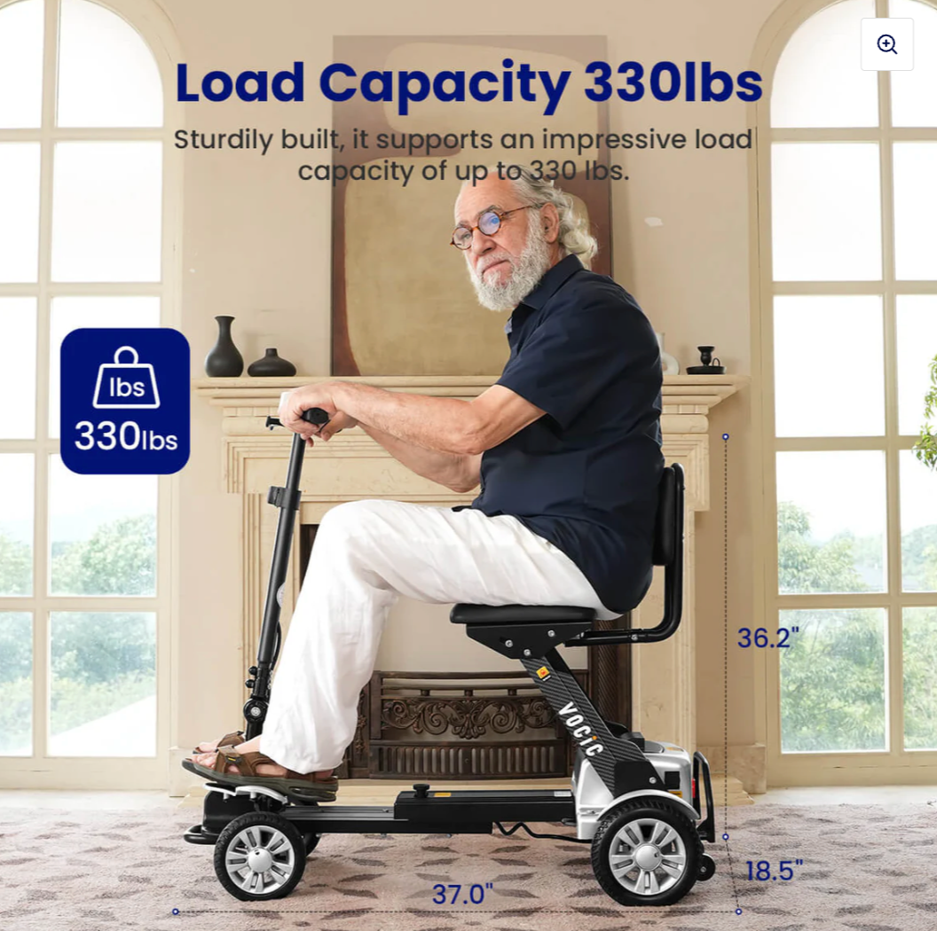 VOCIC D71 Carbon Fiber Lightweight Folding Mobility Scooter – Ultra-Portable, 330 lbs Capacity, Adjustable Frame